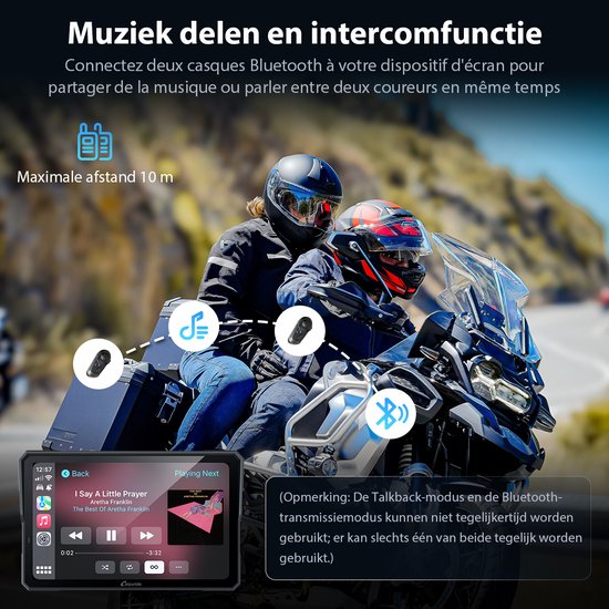 CARPURIDE W702 Pro - Écran CarPlay pour moto - fonction intercom - boussole - baromètre - écran tactile - partage de musique - double connexion Bluetooth