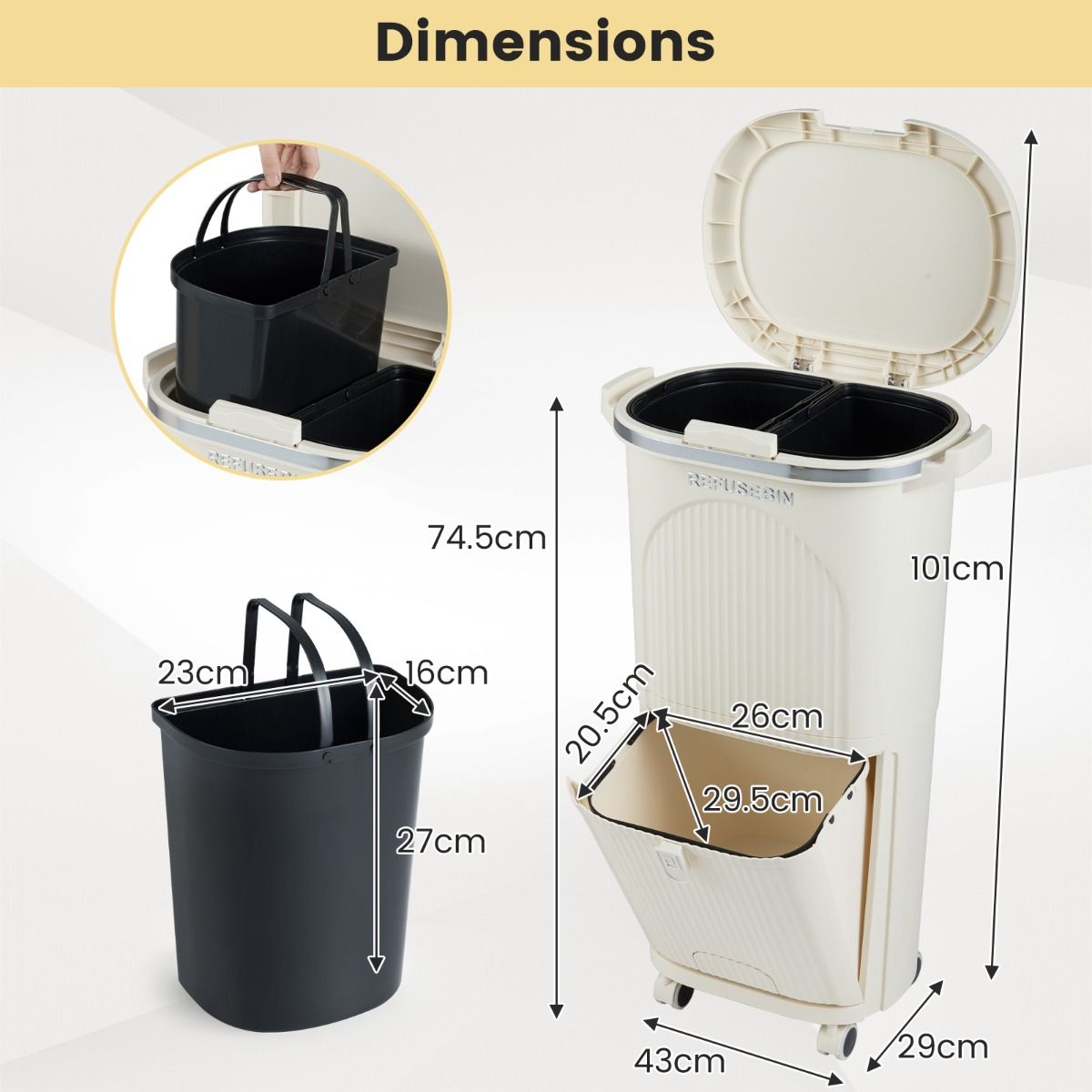 Poubelle de tri sélectif Coast sur roulettes - 3 compartiments - Pédale et bouton-poussoir - Beige - 38 litres