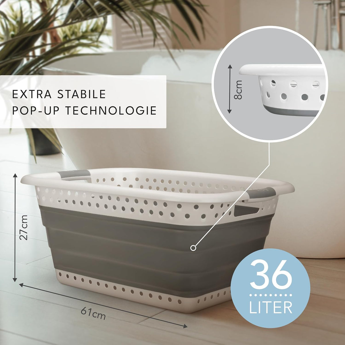 Lot de 2 paniers à linge pliables Badiona - 36 litres - 61 x 45 x 27 cm - PP et TPR - Gris et blanc - Peu encombrants