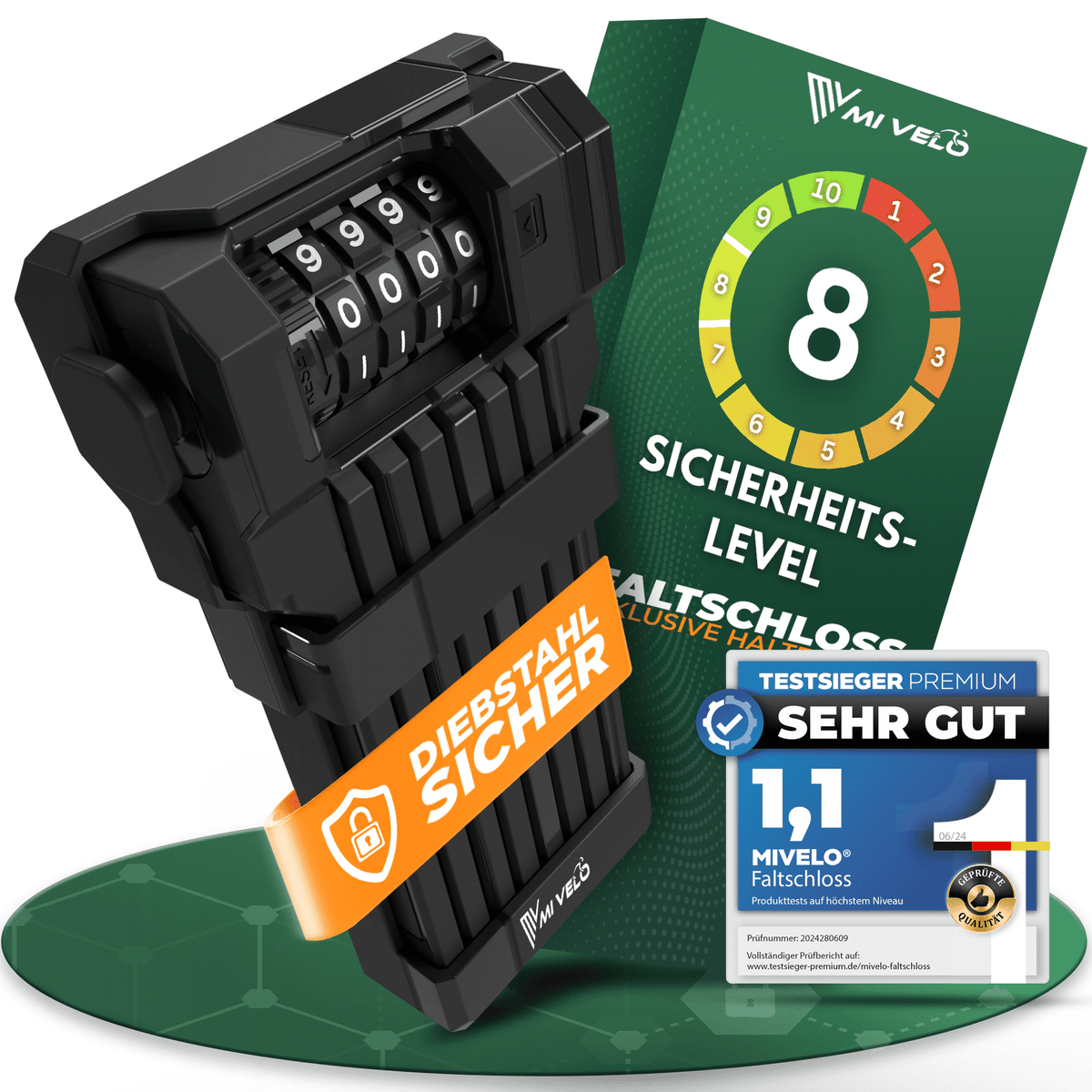 MIVELO - Serrure pliante avec code à combinaison - 85 cm de long - Niveau de sécurité 08/10 - Acier au carbone - Noir