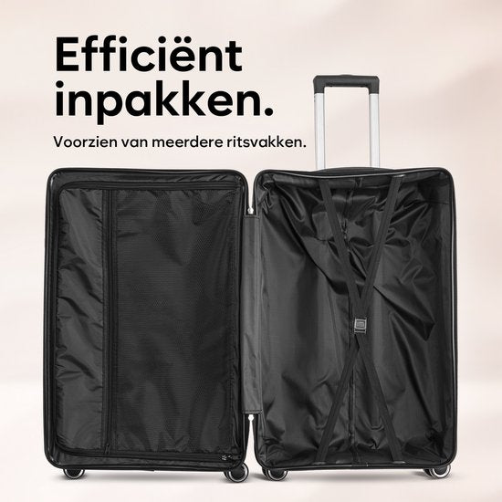 SKYCASES Travelin' Charm 4-Piece Trolley Set - Hand Luggage & Check-in Suitcases - 32L/60L/98L - Number Lock - 360° Noiseless Wheels - Lightweight & Sturdy - Modern Design - Black V2