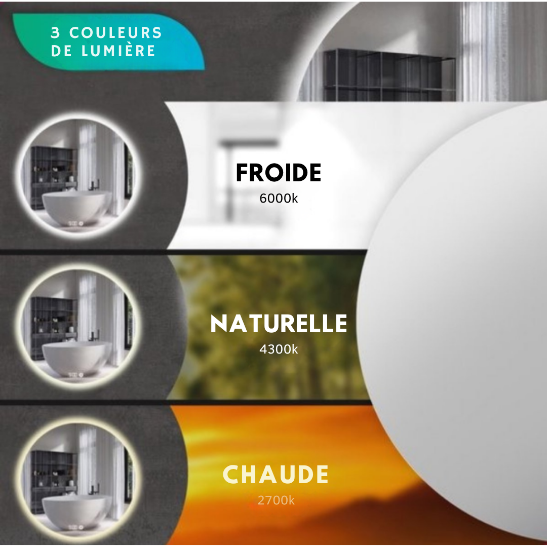 Miroir de salle de bain Mirlux - Eclairage LED - 3 couleurs - Anti-condensation - 80CM