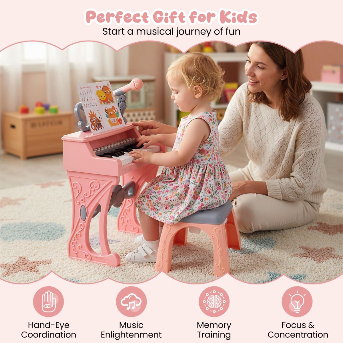 Piano-clavier pour enfants Coast - 25 touches - avec tabouret, pupitre et micro - rose et gris