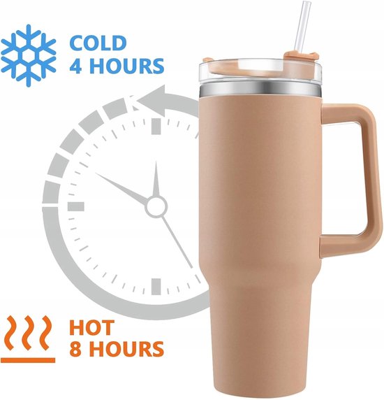 Gobelet isotherme sans marque, 1200 ml, en acier inoxydable, avec paille et poignée - Nude
