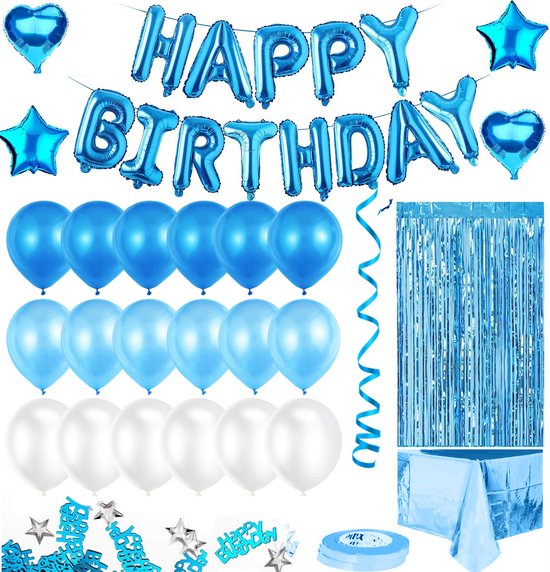 Feestio Ballons de baudruche Décoration d'anniversaire avec nappe et guirlandes - Hélium - Bleu