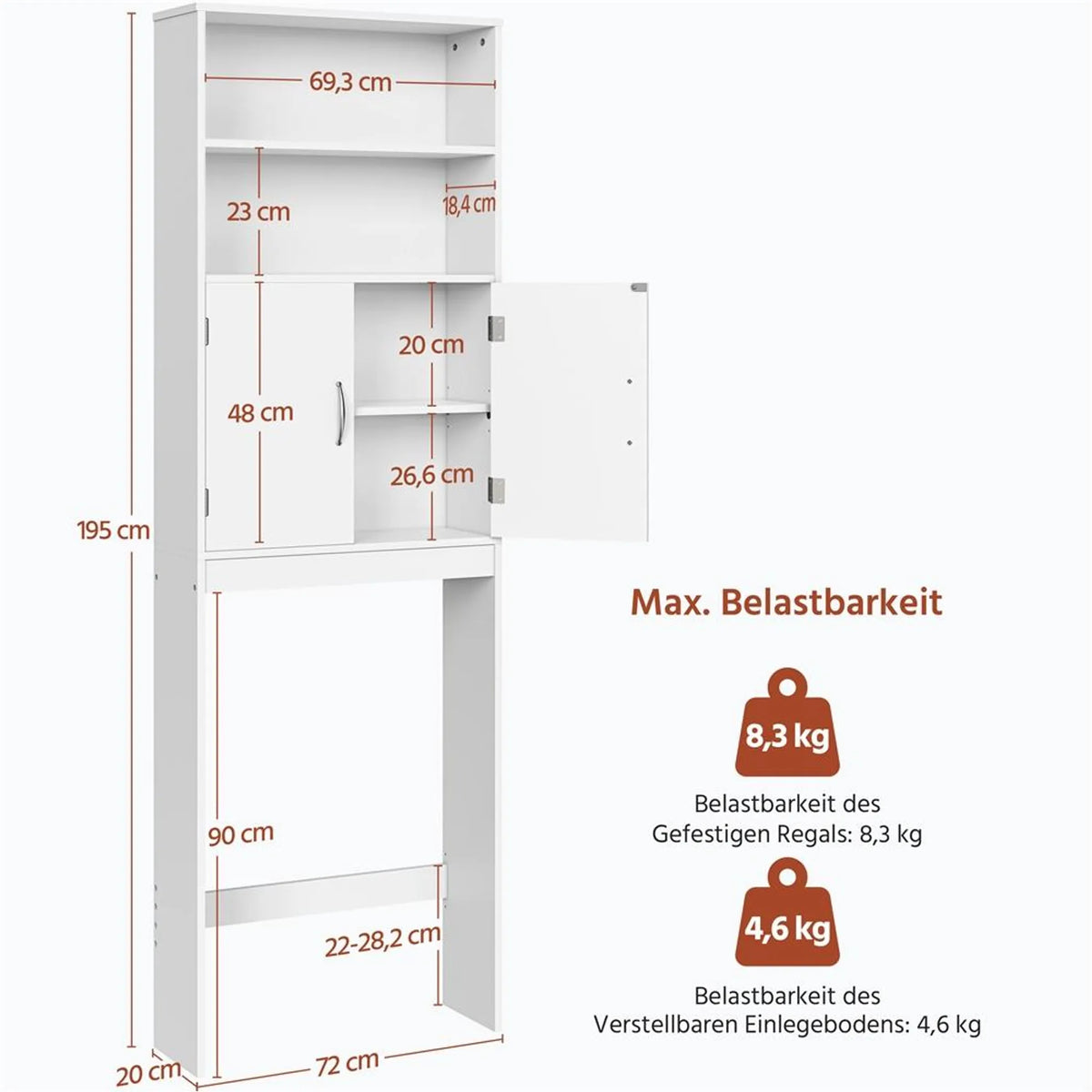 Yaheetech Meuble de toilettes peu encombrant / Meuble de rangement 72 x 20 x 195 cm – Blanc – MDF et métal