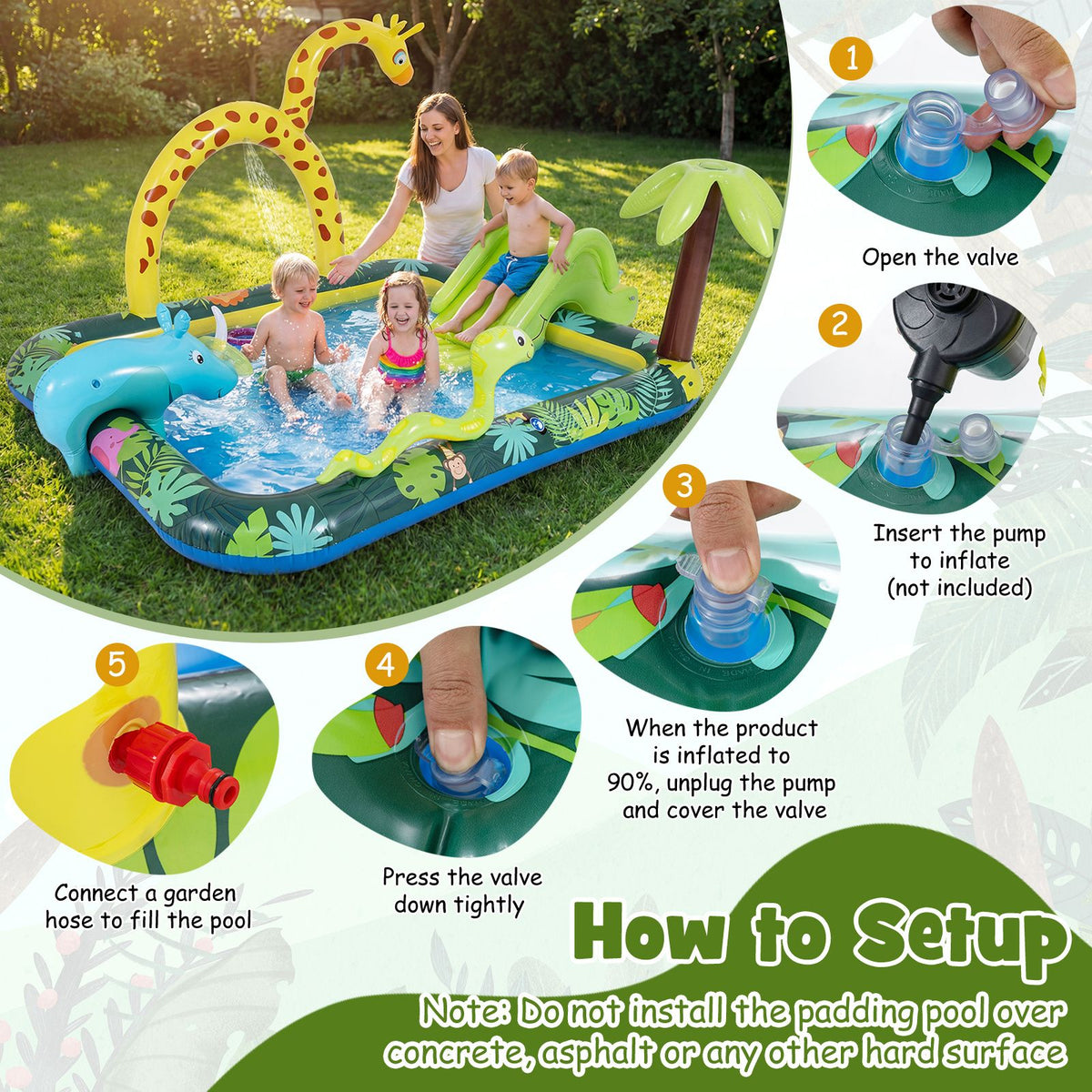 Piscine gonflable Coast « Animaux de la jungle » avec toboggan et arroseur - Jeu de lancer d'anneaux et centre de jeux aquatiques pour enfants - 208 x 178 x 138 cm - Multicolore