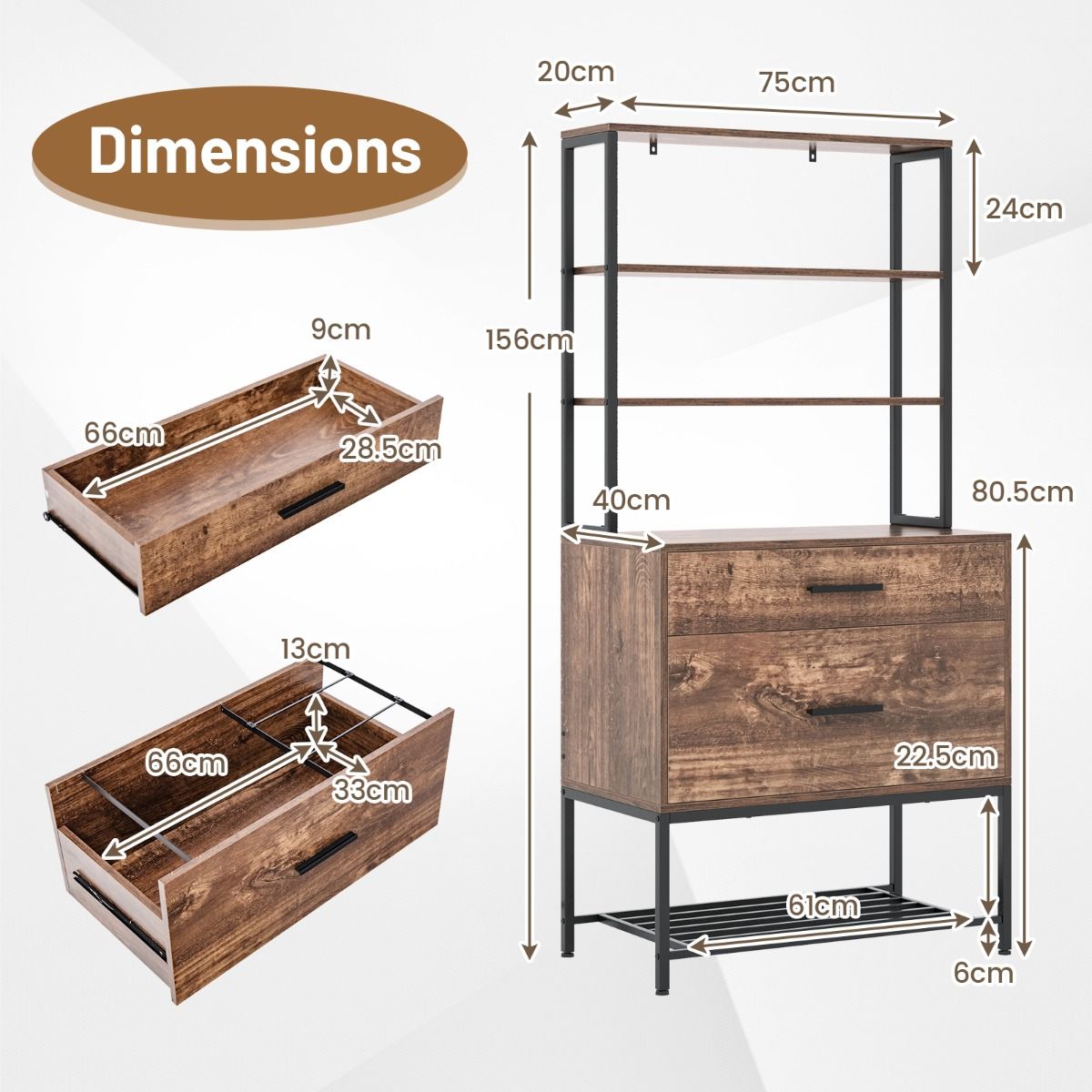 Armoire d'archivage Coast avec support pour imprimante - 3 étagères ouvertes - grand tiroir - gris