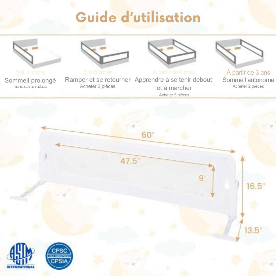 Barre de lit pliable 60 pouces - COAST - Sécurisée et certifiée ASTM & CPSIA - Blanc