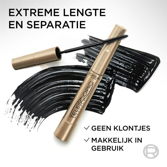 Mascara Telescopic de L’Oréal Paris - Mascara allongeant pour des cils visiblement plus longs - Volume sans paquets - Noir - 8 ml