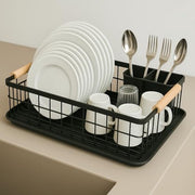 JOHSEATY porte-vaisselle avec poignée en bois - 42 x 32 cm, inoxydable avec porte-couverts, porte-vaisselle, porte-vaisselle, porte-vaisselle de cuisine, porte-vaisselle