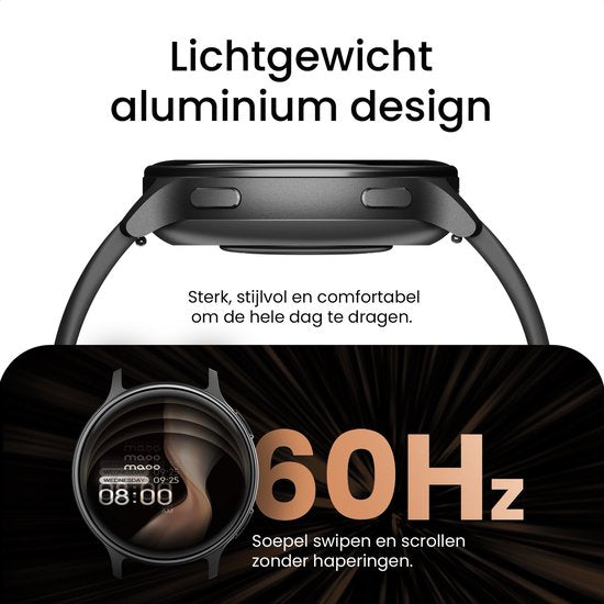 Maoo Ventura 2 - Montre connectée GPS pour femme - Écran AMOLED - Bracelet en silicone, en cuir et de sport - Podomètre - Cardiofréquencemètre - Suivi du sommeil - Fonction d'appel - AOD - Multisport - Compatible avec Android et iOS - Noir