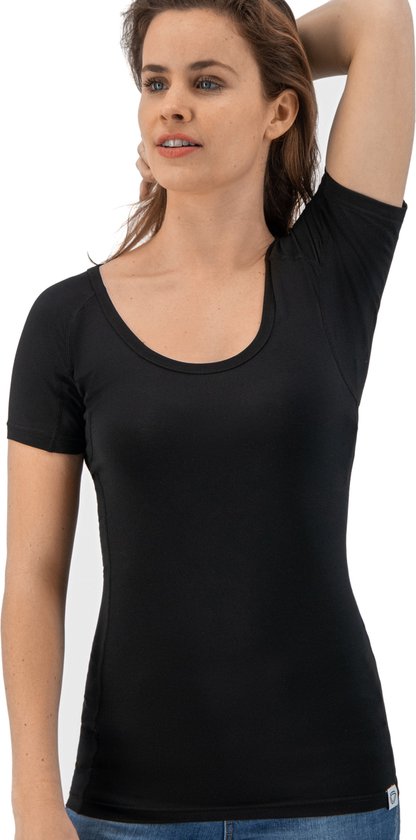 Anti Sweat Shirt - Fibershirts® - Coussinets d'aisselles cousus - Maillot de corps - Noir - Col rond - Femmes - Taille L