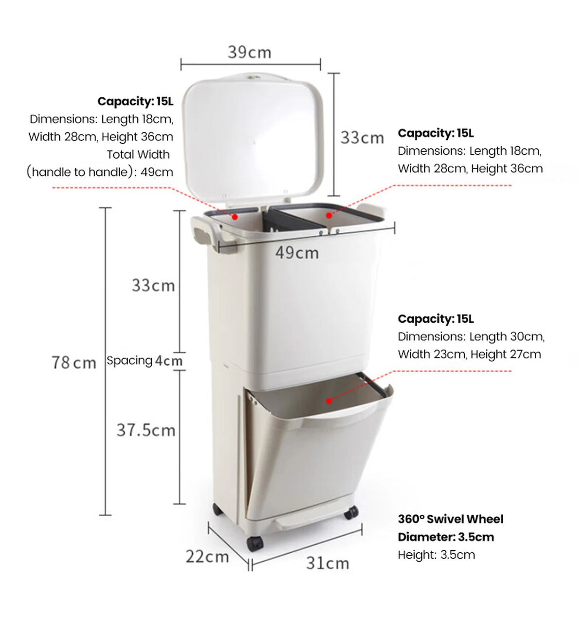 Poubelle Ochama avec système de tri sélectif - 2 compartiments - sur roulettes - 45 L - blanche