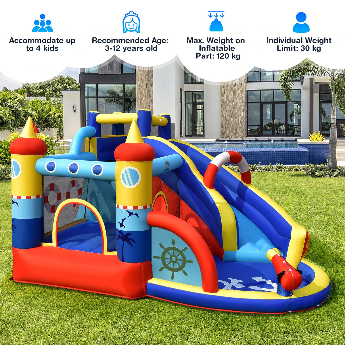 Château gonflable Costway avec soufflerie de 550 W, parc aquatique 6 en 1, comprenant un toboggan, une piscine et un canon à eau