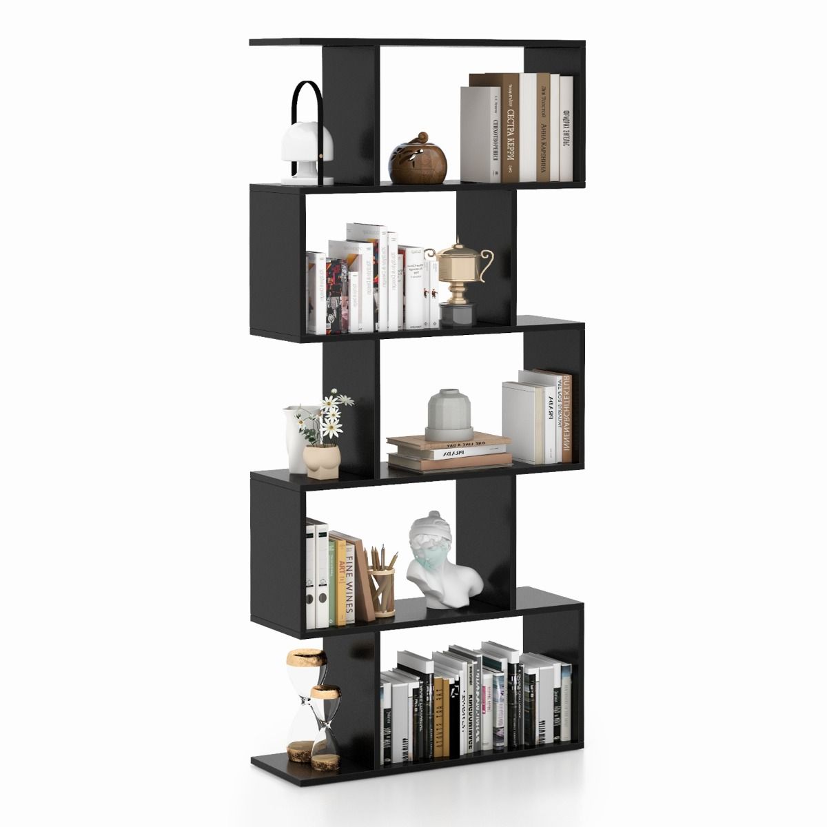 Bibliothèque Coast en forme de S - 5 étagères - meuble de rangement anti-basculement - noir - 70 x 23,5 x 158 cm
