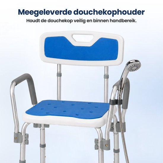 Chaise de douche Truesafe avec dossier et accoudoirs amovibles - Tabouret de douche - Chaise de salle de bain - Antidérapante - Hauteur réglable - Max. 130 kg + sac de douche