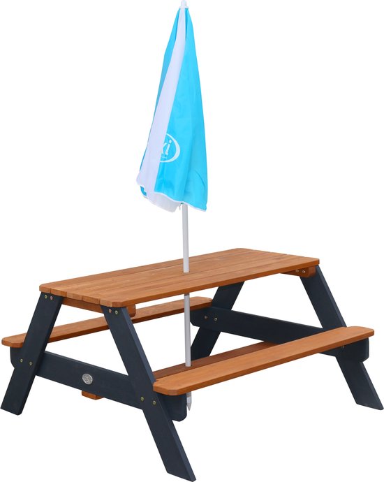 Table de pique-nique AXI Nick Anthracite/marron - Parasol Bleu/blanc - Table de pique-nique pour enfants en bois FSC