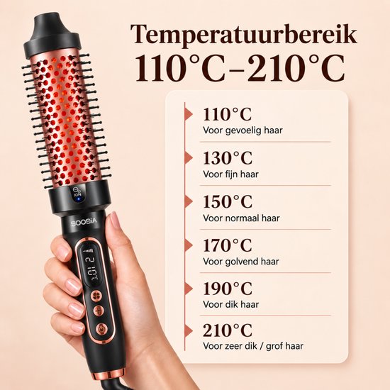Brosse à boucler et à lisser Soosia - Brosse chauffante à plaques en céramique - Brosse thermique - Infrarouge et ions - Réglable de 110 à 210 °C