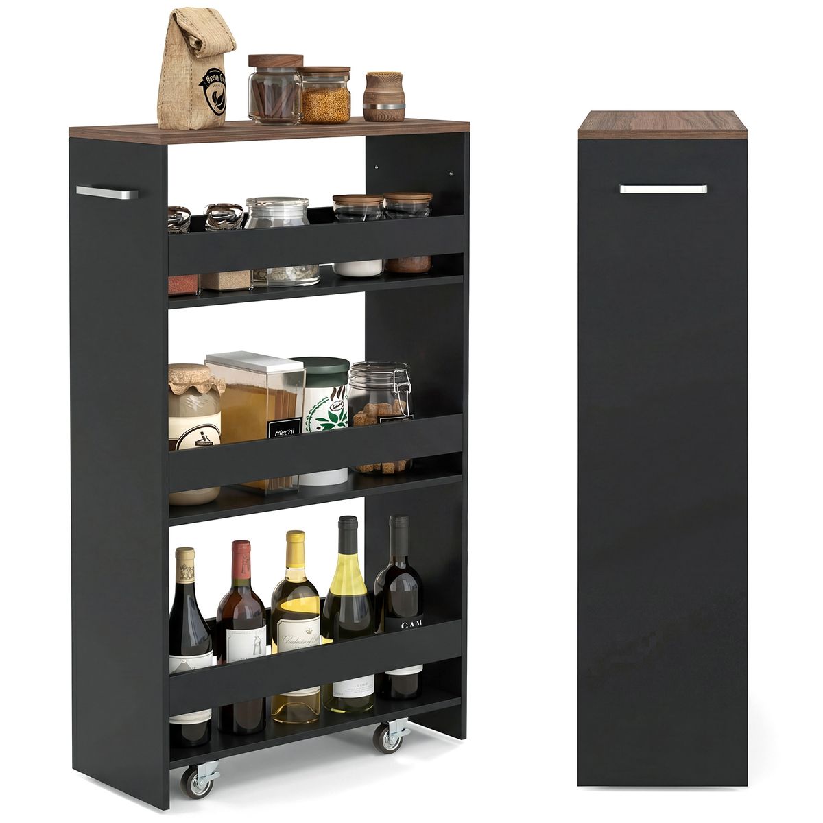 Chariot de cuisine Coast - étagère étroite à niches sur roulettes - 4 niveaux - noir et marron - 47,5 x 20 x 80,5 cm