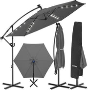 tectake® Parasol à pied flottant - 3 x 3 m - Parasol de jardin avec éclairage LED à énergie solaire - Orientable - Polyester imperméable avec protection UV - Housse incluse - Gris