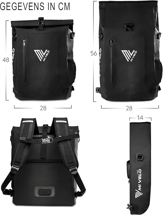 Mivelo Sac à vélo 3 en 1 - sac à dos vélo - sac à bandoulière étanche 100% sans PVC, avec compartiment pour ordinateur portable, sacoche pour tous types de porte-vélos - Noir