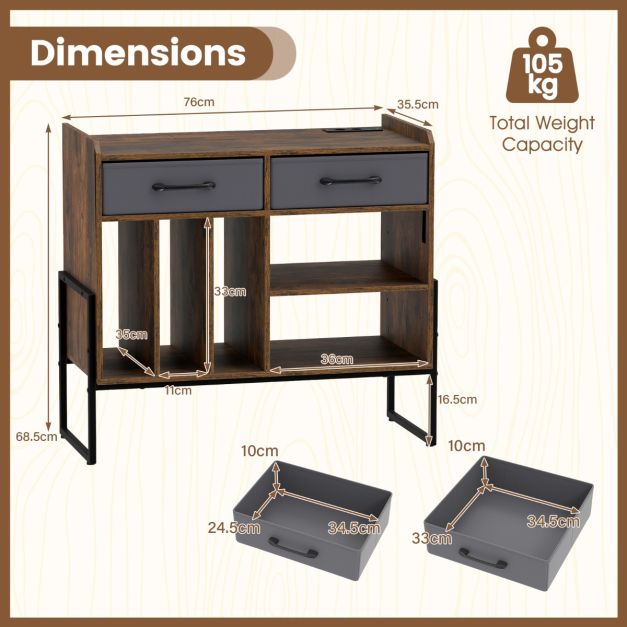Étagère à disques Coast avec prise électrique, port USB et port Type-C – Table pour platine vinyle avec 3 compartiments à vinyles, 2 tiroirs en tissu et des étagères réglables – 76 × 35,5 × 68,5 cm – Marron