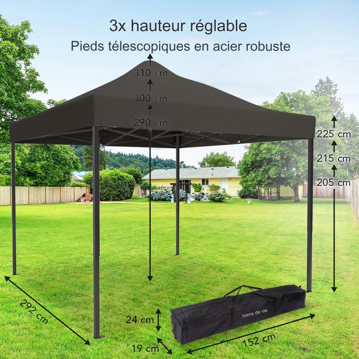 Tonnelle de jardin - LifeGoods - Pliable - Etanche - Sac de transport à roulettes - 3x3 m - gris anthracite