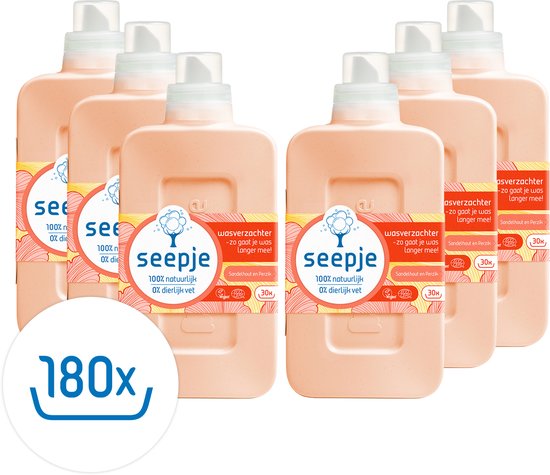 Adoucissant Seepje au bois de santal et à la pêche - 180 cycles de lavage - 6 x 750 ml - Lot économique