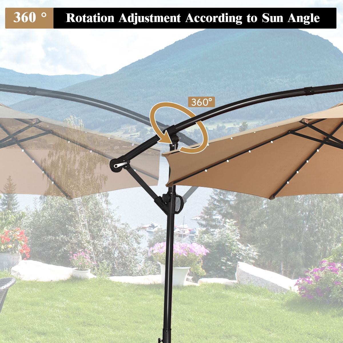 Parasol sur pied Coast avec éclairage LED - panneau solaire - orientable et inclinable - couleur café, 300 cm