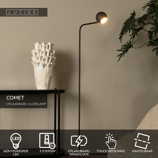 Lucide COMET - Lampadaire rechargeable - Batterie - LED à 3 niveaux de réglage de l'intensité - 1 x 3 W, 2700 K - Noir