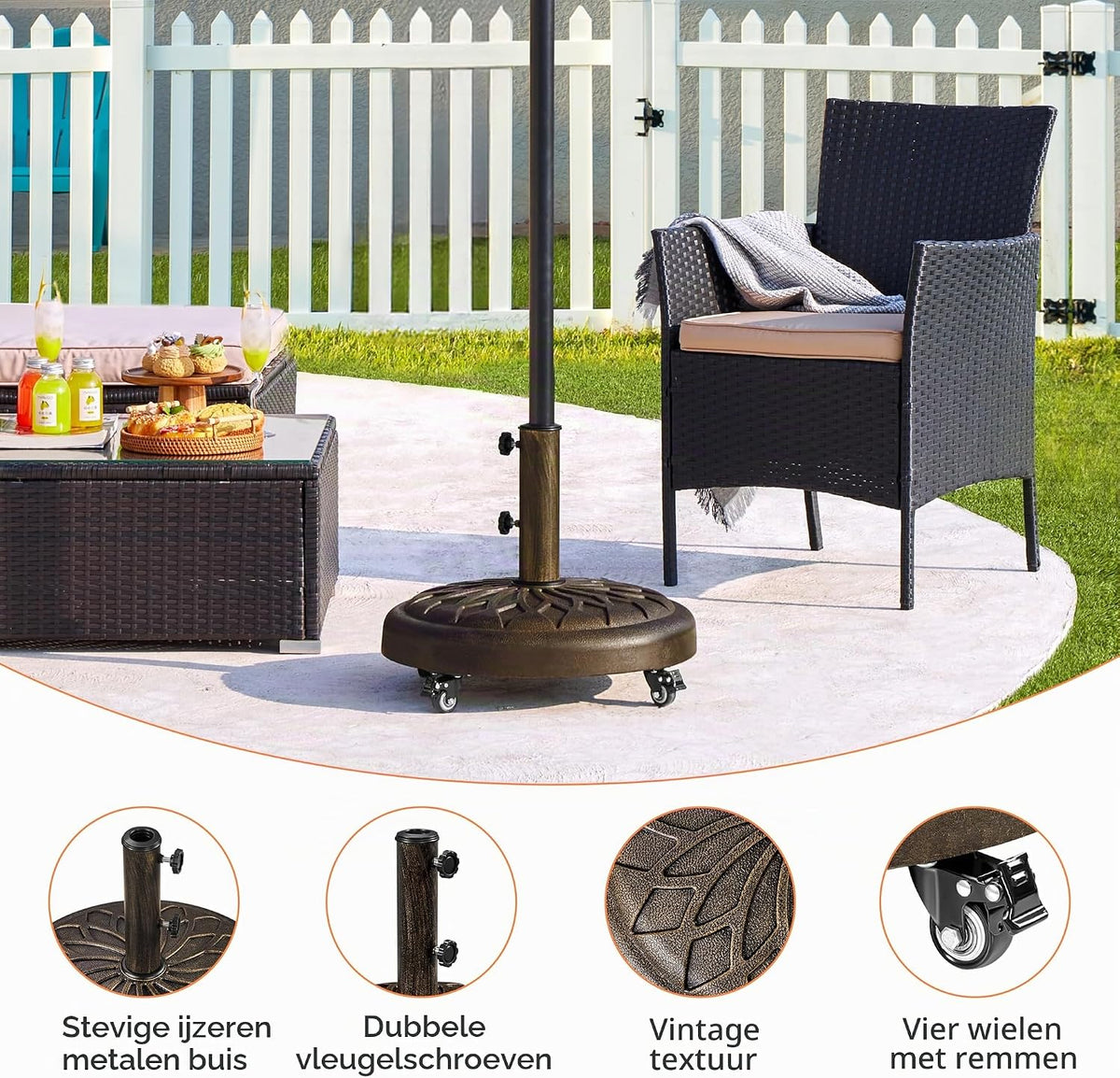 Pied de parasol Yaheetech à roulettes 50,5 x 42 cm - Bronze - Compatible avec les mâts de parasol de ø34/38/48 mm