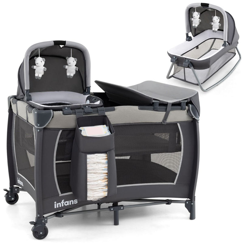 Lit de voyage 5-en-1 Coast pour bébés - Lit pliable avec table à langer et panier de rangement - Sac de transport inclus - Gris