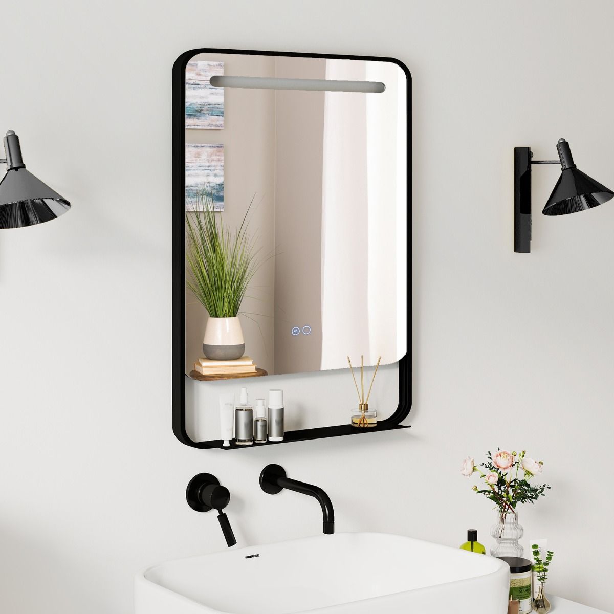 Miroir de salle de bains Coast à LED avec étagère - fonction anti-buée - température de couleur réglable - noir - 88,5 x 50 cm