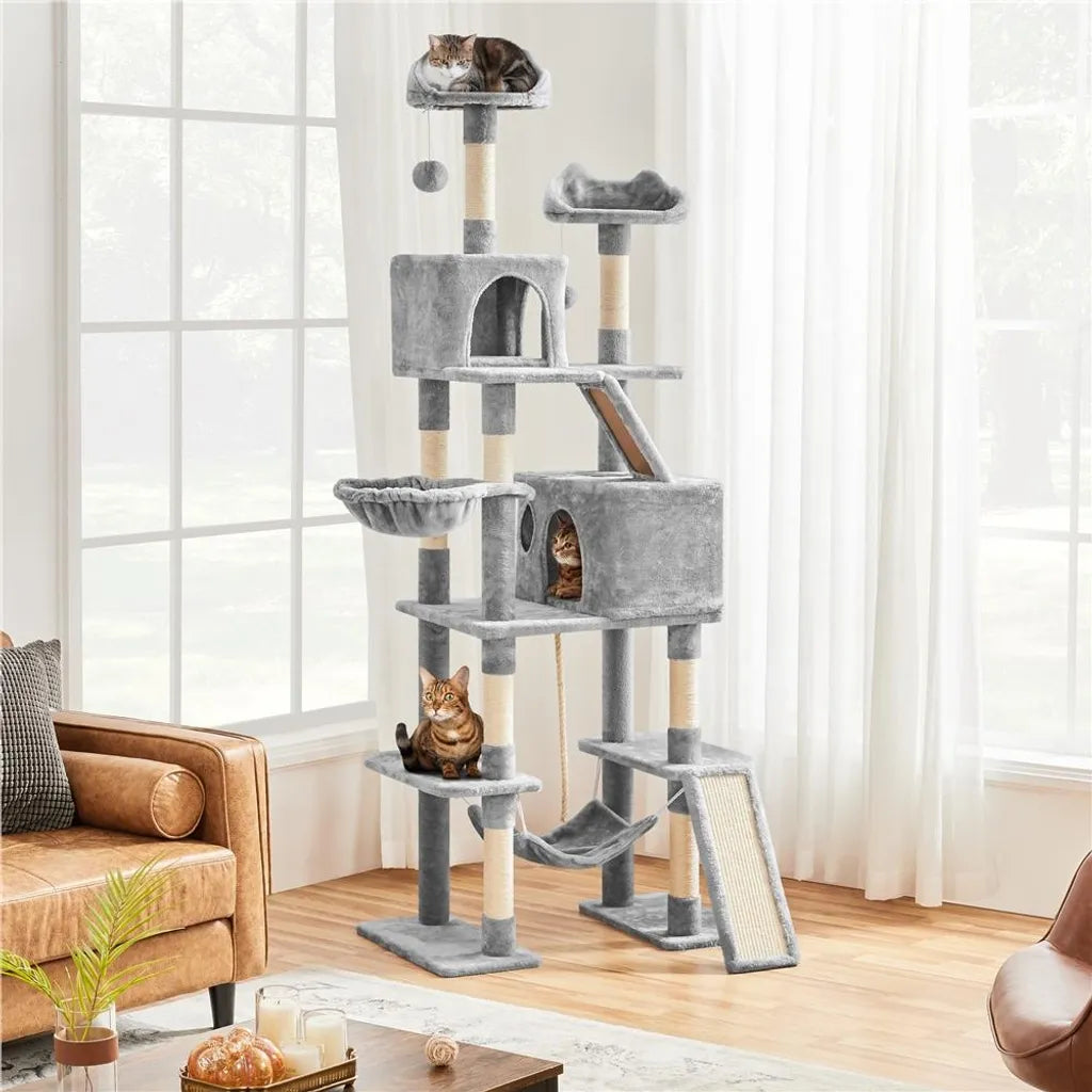 Arbre à chat Yaheetech XXL – 206 cm de haut – Avec poteaux en sisal, hamacs et maisonnettes pour chats – Gris clair