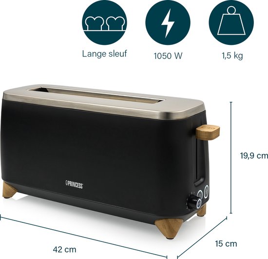 Princess 142361 Grille-pain Pure - 6 niveaux de brunissage - 1 000 W - bambou - noir