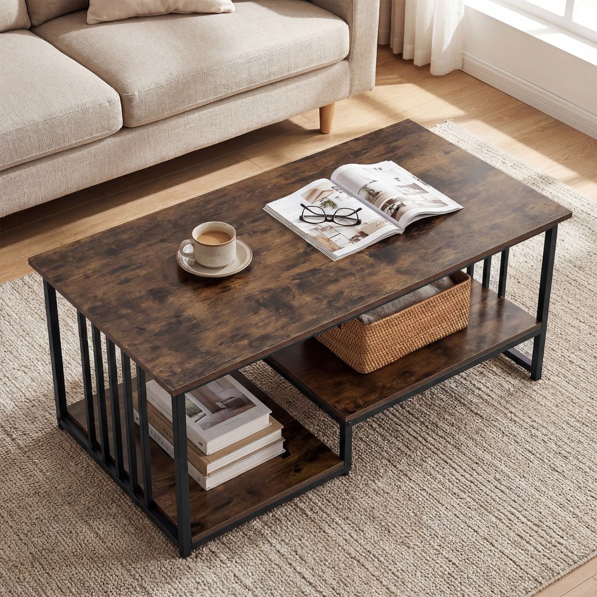 Table basse Coast - rectangulaire - 2 tablettes - marron rustique/noir - 110 x 60 x 45 cm