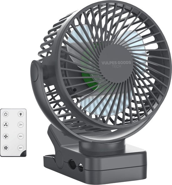 Vulpes Goods® Tech - Mini ventilateur USB PRO - Ventilateur de table rechargeable - Mini ventilateur silencieux avec télécommande - Ventilateur de poche - Petit, silencieux et sans bruit - 3 vitesses et éclairage - 12000 mAh et fonction Powerbank - Noir P