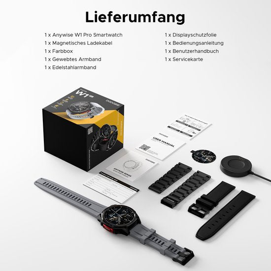 DOOGEE Anywise W1 Pro - Montre connectée de type militaire - Commande vocale par IA - 5 ATM - GPS double bande - Cartes hors ligne - 170 modes sportifs - Écran AMOLED de 1,43 pouce - Tracker d'activité - Appels entrants et sortants - Autonomie de 18 jours
