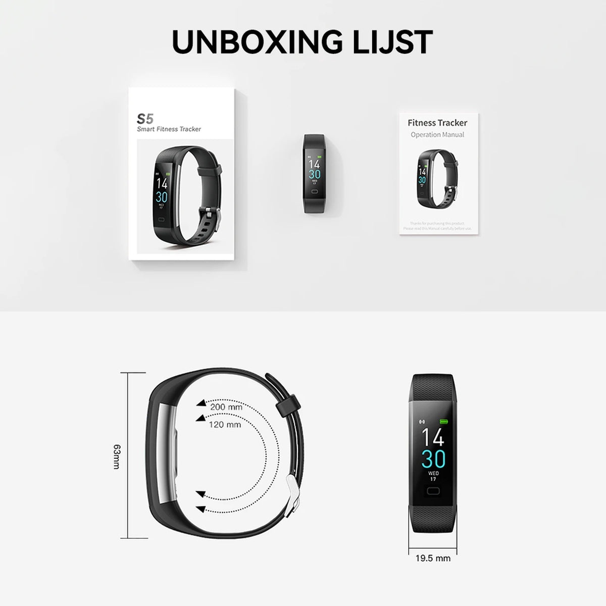 Fittek S5 - Bracelet d'activité - Noir - Écran TFT 0,96 pouces, IP68, Bluetooth 5.3
