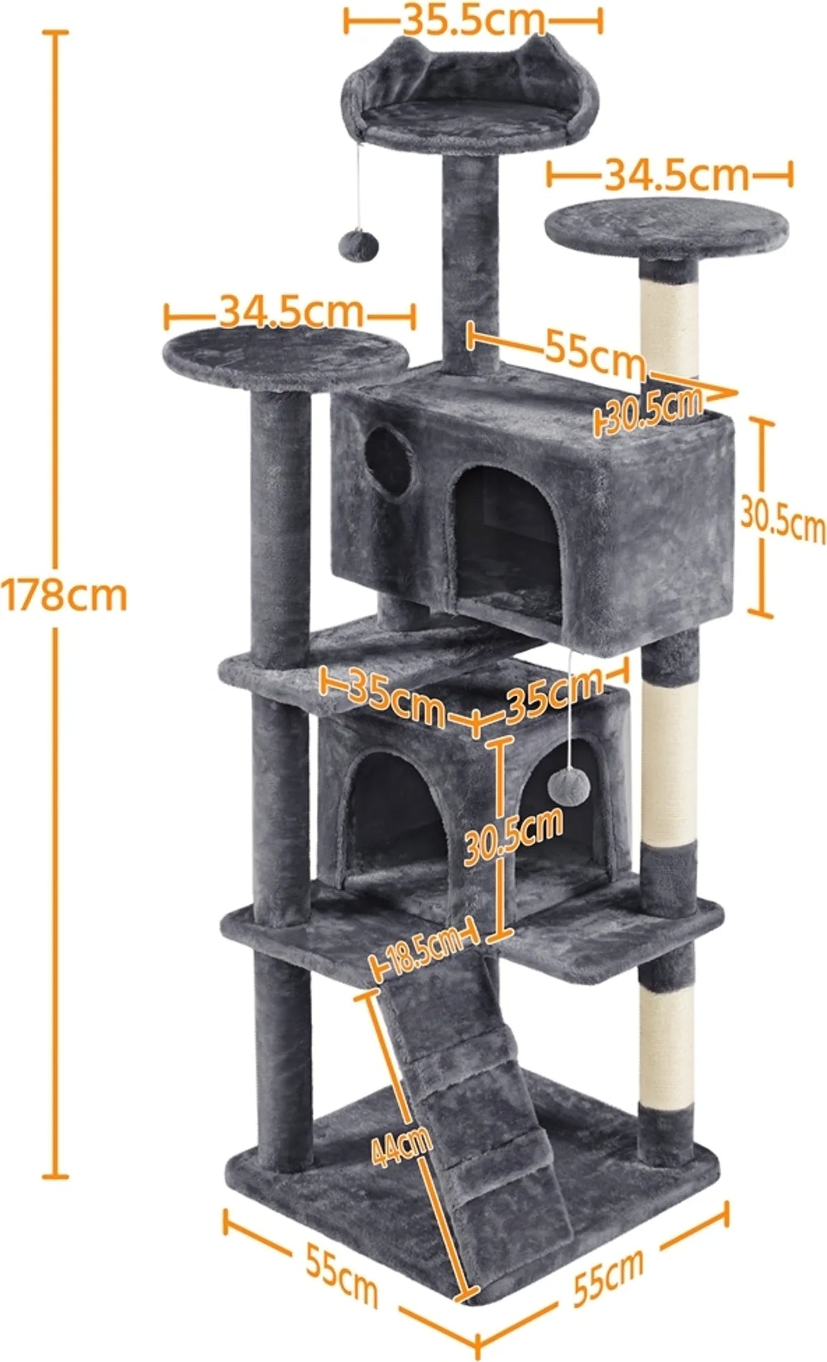 Arbre à chat Yaheetech avec 2 grottes - 178 cm de haut - 54 x 54 cm - Gris foncé