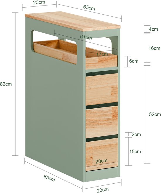 SoBuy Etagère de salle de bain avec 3 tiroirs - Meuble de salle de bain étroit sur roulettes - Rangement multifonctionnel - Vert, 65x24x82cm, BZR54-II-GR