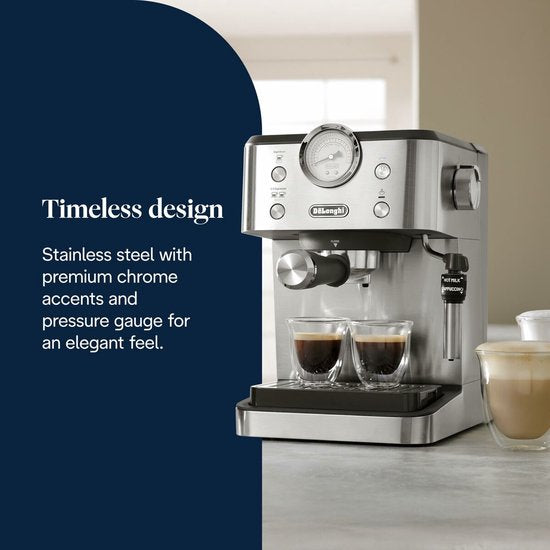 De'Longhi Classic EM450.M – Machine à piston – Espresso et cappuccino manuels – Boîtier entièrement en acier inoxydable – Argent