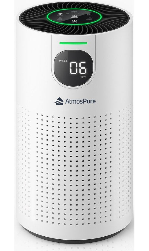 AtmosPure® CleanAir Air Purifier - Purificateur d'air avec filtre HEPA 13 + filtre à charbon remplaçable - CADR 250 m³/h - Blanc - Pour 97 m² - Lutte contre les acariens, le rhume des foins, les allergies, -3 modes + mode sommeil silencieux - Capteur de q