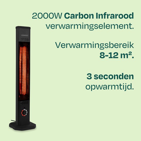 Chauffage de terrasse sur pied VONROC Lipari 2000 W – Chauffage de terrasse - Élément chauffant infrarouge au carbone - Télécommande incluse