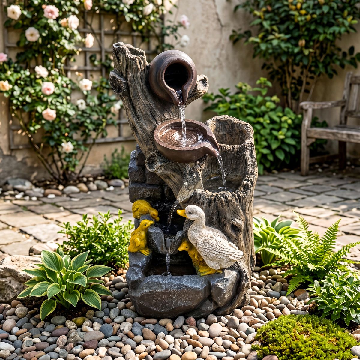 Fontaine de jardin Coast avec une famille de canards - cascade à 4 niveaux - éclairage LED - gris - 30 x 27 x 57 cm