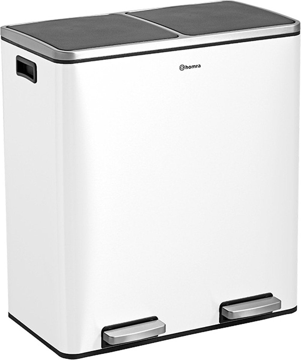 Homra QUICKX Poubelle de tri sélectif 2 compartiments Blanc - 60 L (2x30 L) Poubelle à pédale - Poubelle design Duo en acier inoxydable - Séparation des déchets - Poubelle de recyclage - Pédale hygiénique - Poubelle double - Poubelle de cuisine - Poubelle