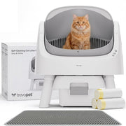 TrevoPet® Bac à litière automatique - autonettoyant et sûr - pour chats jusqu'à 12 kg - tapis, 60 sacs à déchets et accessoires inclus - poubelle de 10 litres - blanc et gris