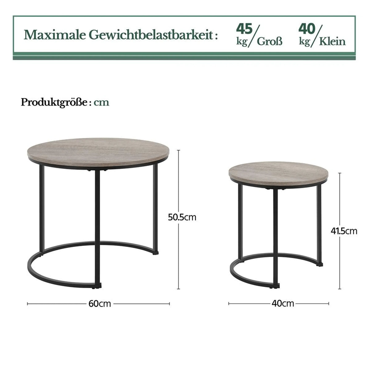 Lot de 2 tables d'appoint rondes Yaheetech – Dotées d'un système emboîtable, d'un plateau hydrofuge et d'un piètement en métal – Pour le salon et la chambre – MDF gris – 60 x 60 x 50,5 cm