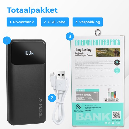 Nuvance - Powerbank 20000 mAh - Fonction de charge rapide 22,5W - USB, USB-C & Micro USB - Universel pour Smartphones, Tablettes & Gadgets - Travel Powerbanks - Noir